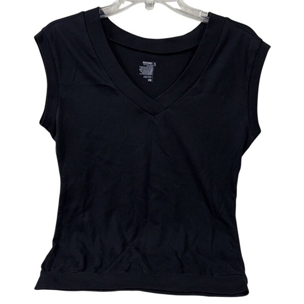 Old Navy Black V Neck Cap Sleeve Banded Waist Shirt S